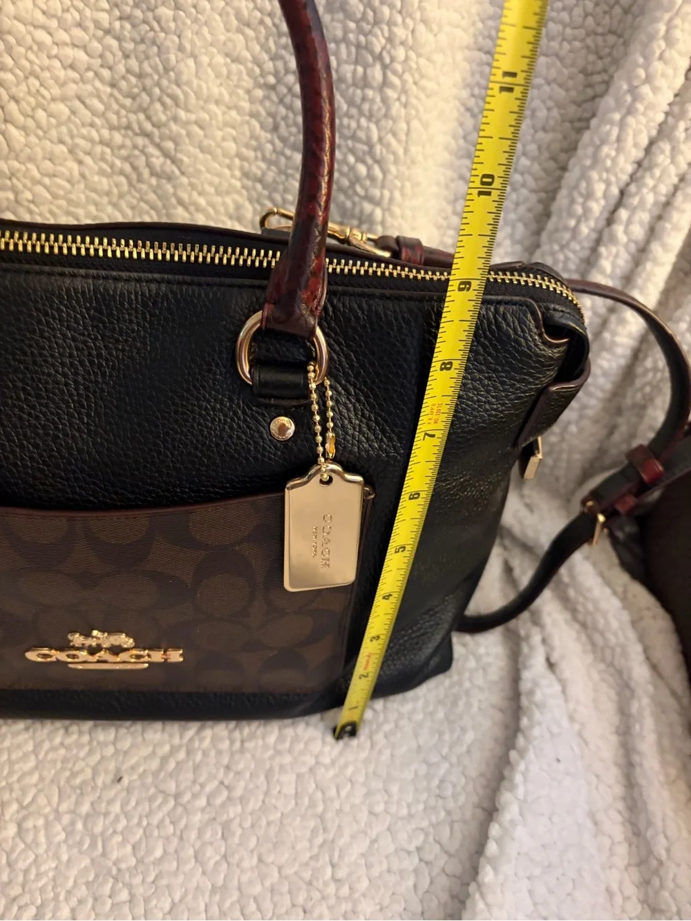 Coach Black Leather Satchel with Brown Signature Pocket and Burgundy Trim